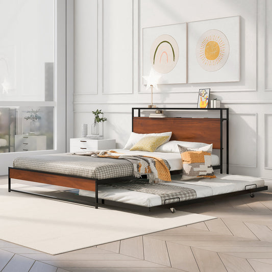 Queen Size Metal Platform Bed Frame with Trundle, USB Ports and Slat Support ,No Box Spring Needed Black(old sku: MF299542AAB)