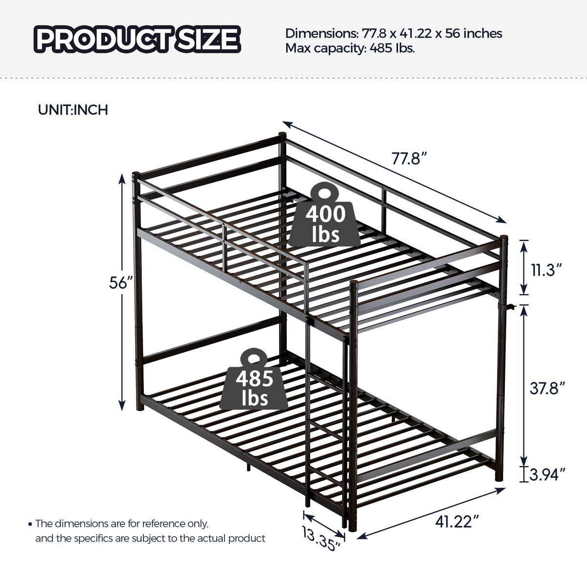 Heavy Duty Metal Twin Over Twin Bunk Bed, Convertible to 2 Separated Twin Beds, Noise-Free Steel Frame with Rubber Anti-Slip Ladder & 11.3" Guardrails, 400/485 LBS Weight Capacity, Black