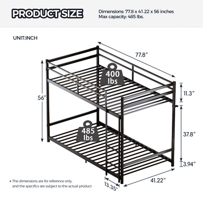 Heavy Duty Metal Twin Over Twin Bunk Bed, Convertible to 2 Separated Twin Beds, Noise-Free Steel Frame with Rubber Anti-Slip Ladder & 11.3" Guardrails, 400/485 LBS Weight Capacity, Black