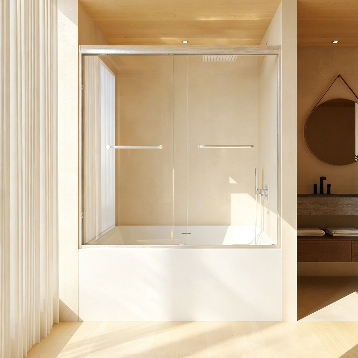56-60' x 60' Tempered Glass with Explosion Proof Film, Aluminum Frame Double Sliding Shower Door, '1/4 (6 mm), Stainless Steel handle,Brushed Nickel