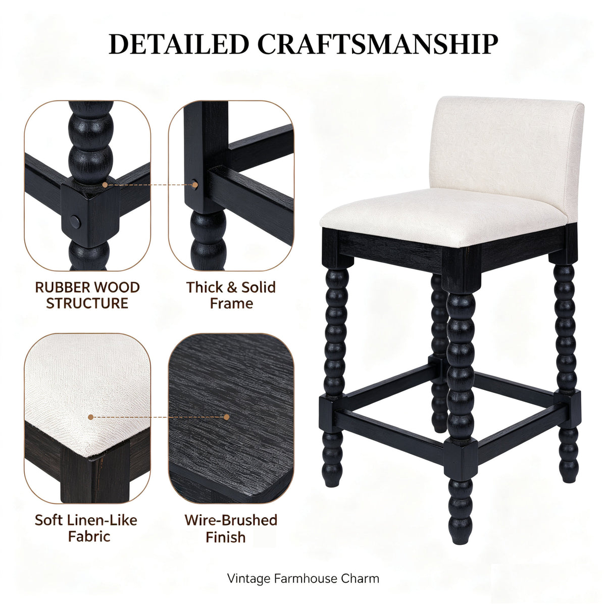 Farmhouse Coastal Counter Stools Set of 2,  Rubberwood Bobbin Legs, Linen-Like Upholstered Bar Stool with Backrest, 300 LBS Capacity Kitchen Island Stools