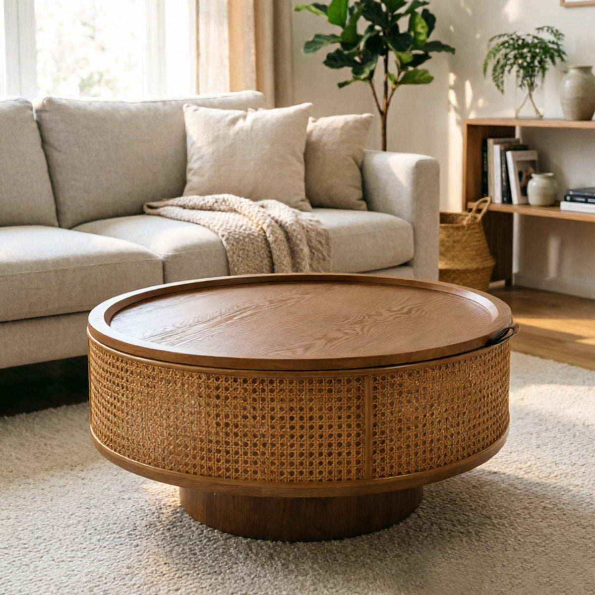 30.71' Round Walnut Brown Storage Coffee Table, Rattan Wicker Drum Coffee Table with Removable Lift-Off Lid Hidden Storage, 30.71'W x 13.98'H Wooden Pedestal Center Table for Boho Farmhouse Living Roo