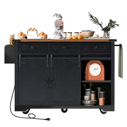 K&K 53.7" Farmhouse Kitchen Island with Power Outlet, 2 Sliding Barn Door Kitchen Storage Island with Drop Leaf – Black