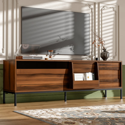 U-Can 70.8'' Modern TV Stand for TVs up to 75 Inches, Entertainment Center with Storage Space, Sliding Doors, Adjustable Shelves and Metal Frame, Mid Century Modern Media TV Console Table for Living R