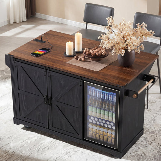K&K 72" Farmhouse Kitchen Island with Fridge Storage Space & Power Outlet, Rolling Coffee Bar Cabinet on Wheels with 4 Drawers, Sliding Barn Door, Glass Holder, Drop Leaf, Island Kitchen Table, Black