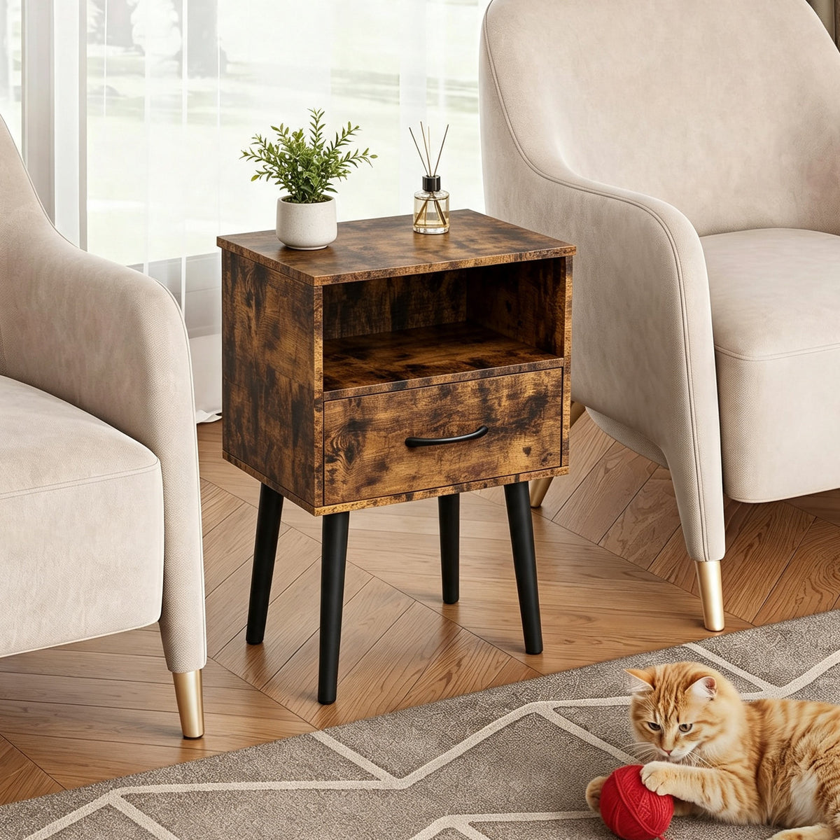 Two Sets of Nightstand,Modern Bedside Table with Storage Drawer and Open Wood Shelf, for Living Room, Bedroom and Small Spaces, Accent Night Stand, Easy Assembly