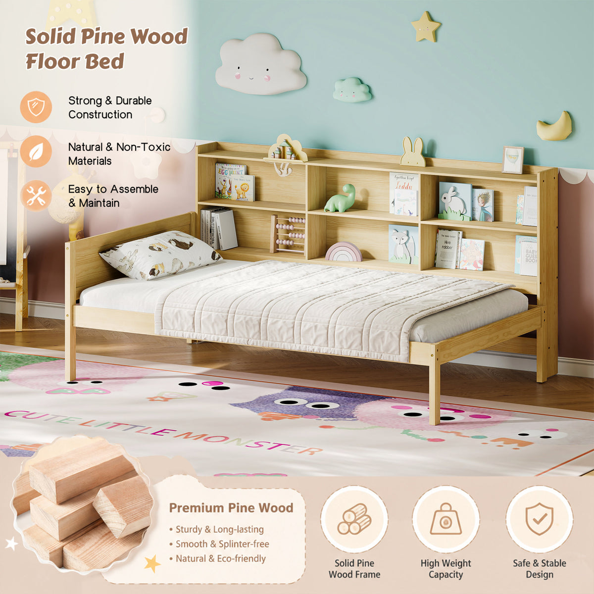 Twin Size Solid Wood Single Bed with Large Multi-compartment Storage Headboard Bookshelf, Simple Solid Wood Bed Frame, Multi-functional Storage Bed for Bedroom,Natural