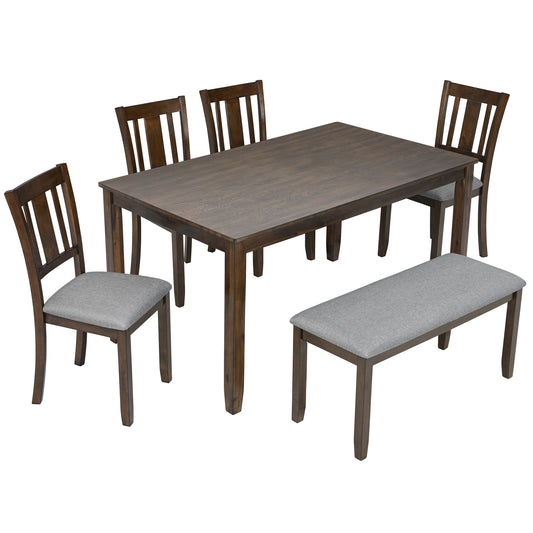 6PCs Kitchen Dining Set, Rectangular Wooden Dining Table with 4 Upholstered Chairs and a Bench, Dining Table Set for 6 People, Living Room, Home Bar and Kitchen, Walnut