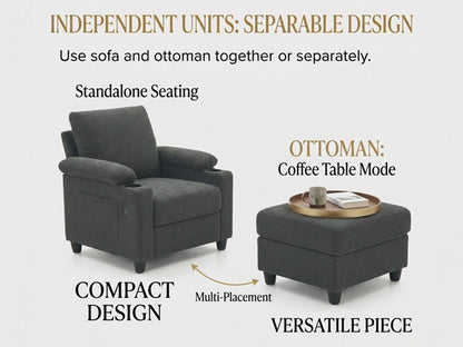 Accent Chair and Storage Ottoman Set, Versatile Single Chaise Lounge Convertible Sleeper Bed W/Reclining Backrest,Cupholders,USB-C Ports