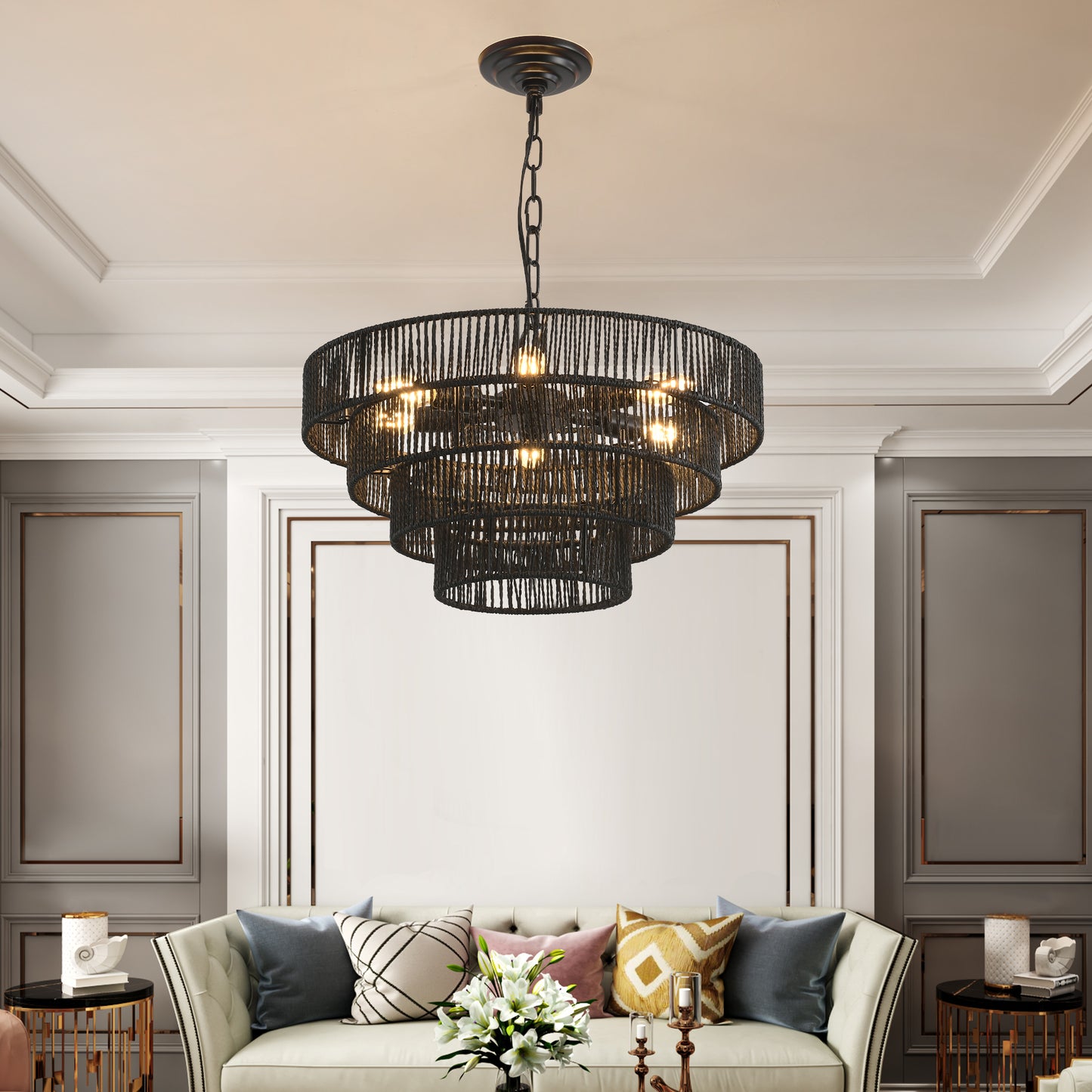 20' Rustic 4-Tier Black Hemp Rope Pendant Light Chandelier with 6 E12 Sockets, Handmade Tiered Boho Ceiling Light Fixture for Dining Room, Kitchen, or Foyer (Bulb Not Included)