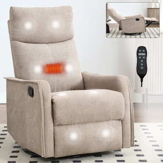 Heat Massage Manual Recliner Chair with Rocker and Swivel in Fabric, Khaki – White