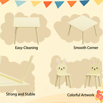Kids Table and Chair Set with 2 Bunny Chairs, Children's Wooden Activity Table for Toddlers, Cute Animal Design Study Play Set