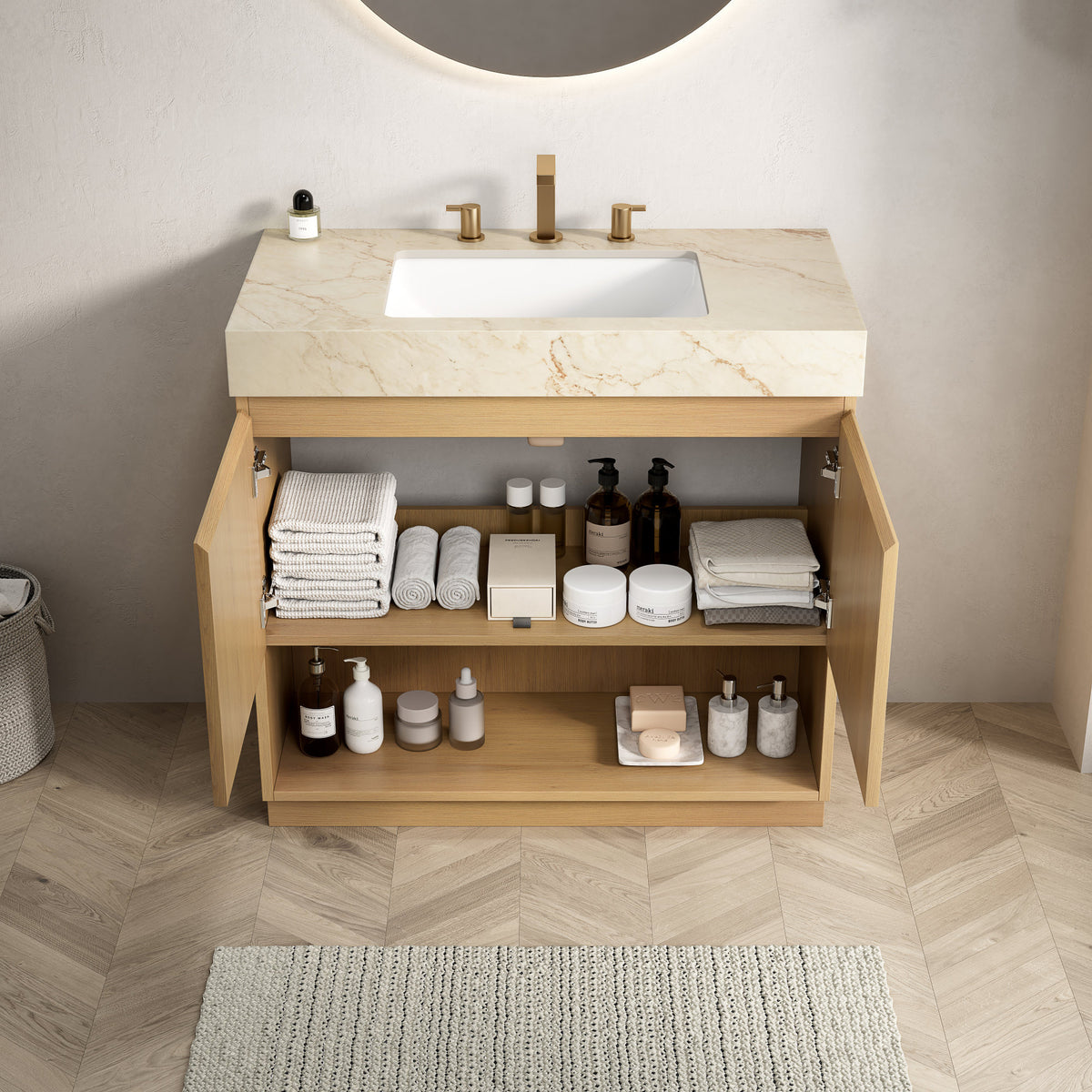 FINO 36" Bathroom Vanity&Sink,Freestanding Cabinet,Cream Gold Vein Sintered Stone Top&Ceramic Basin with 3 Pre-drilled Faucet Holes, Disassembled, Faucet & Drain Excluded, Corolla Oak Woodgrain Color