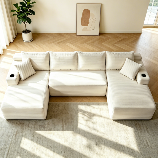 126" Cloud Sectional Sofa with U-Shape Chaise and Side Pockets and Cup holder , Modern Modular Design, Deep Seating, Upholstered Couch for Living Room/Bedroom, No Assembly Required (Plush)beige