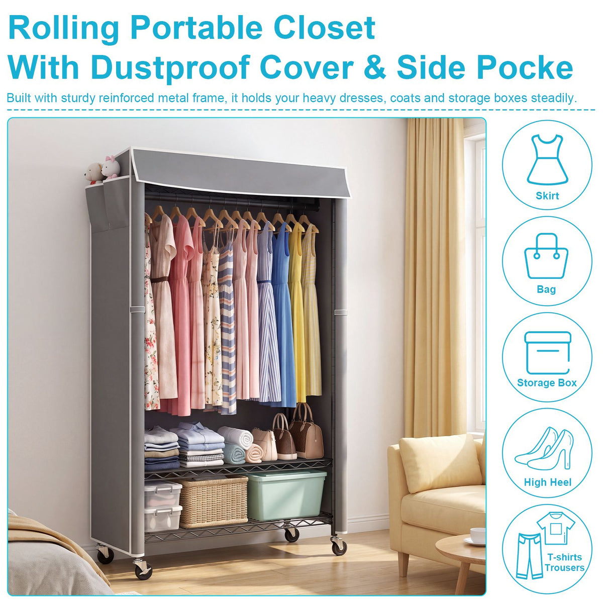 Clothes Rack with Cover, Rolling Clothes Rack, Heavy Duty Garment Rack with Shelves & Grey Cover, Clothes Rack with Side Pocket, Portable Closets for Hanging Clothes, 45''W×15.7''D×72.83''H, Black