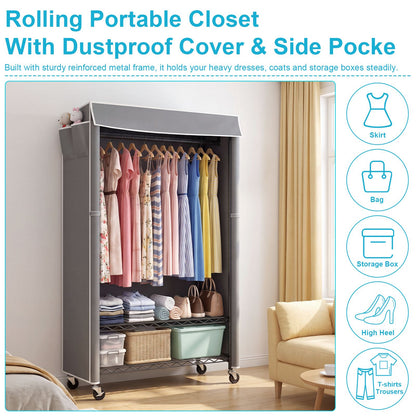 Clothes Rack with Cover, Rolling Clothes Rack, Heavy Duty Garment Rack with Shelves & Grey Cover, Clothes Rack with Side Pocket, Portable Closets for Hanging Clothes, 45''W×15.7''D×72.83''H, Black