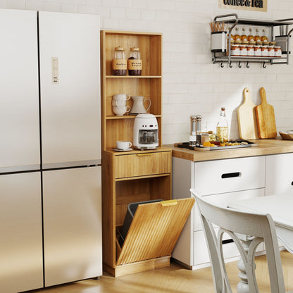 Tall Narrow Fluted Storage Cabinet with 10-Gallon Hidden Trash Bin Compartment, Freestanding Cabinet, Fixed Open Shelves & Drawer, Anti‑Tip for Kitchen Home‑Office Living Room (Trash Can NOT Included)
