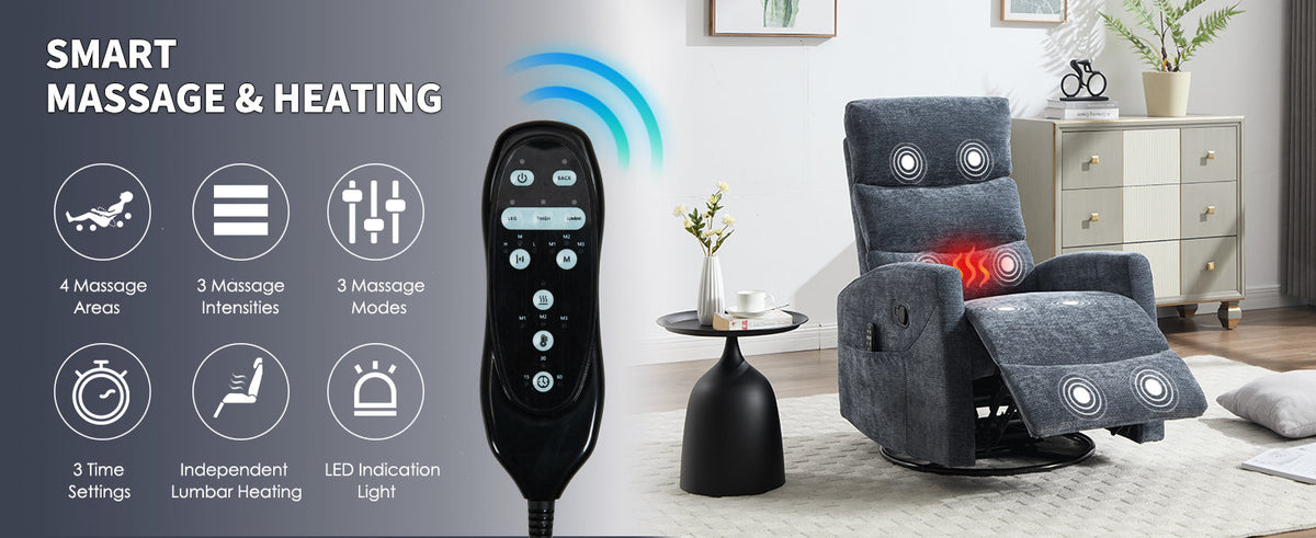 Heat Massage Manual Recliner Chair with Rocker and Swivel in Fabric, Blue – Model W3224P322248