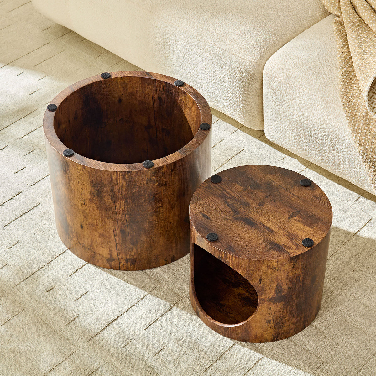 Cat Nest Nesting Stool Set Round Nesting Coffee Table Set of 2 for Living Room,No Assembly Dark Brown