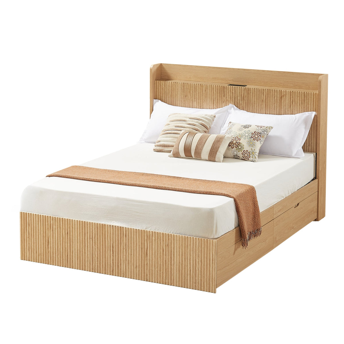 Queen Size Platform Bed Frame with 4 Storage Drawers and Built-in Charging Station, Wooden Storage Box Bed, Large Capacity Organizer Bed Frame for Bedroom,Natural