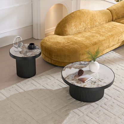 Set of 2 Coffee Table,MDF Round Coffee Table Sintered Stone Tabletop for Living Room Apartment,Leisure Area BLACK