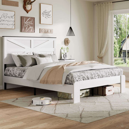 Queen Bed Frame Headboard, Wood Platform Bed Frame, Noise Free, No Box Spring Needed and Easy Assembly Tool, Large Under Bed Storage, White