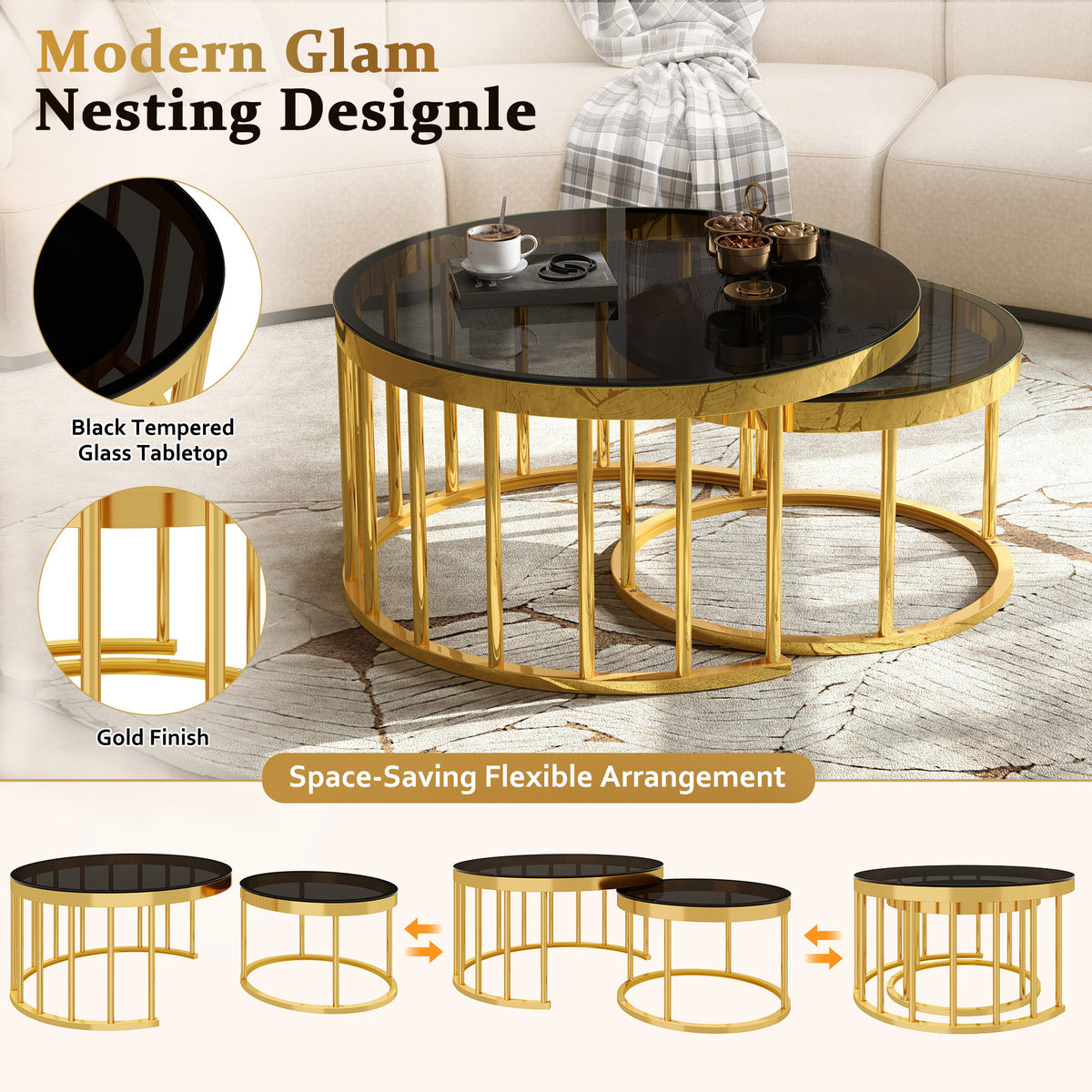 Round Nesting Coffee Table Set of 2, Modern Gold Metal Frame Circular Cocktail Table, Tempered Glass Top Accent Nesting Tables for Living Room, Apartment