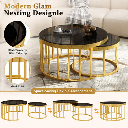 Round Nesting Coffee Table Set of 2, Modern Gold Metal Frame Circular Cocktail Table, Tempered Glass Top Accent Nesting Tables for Living Room, Apartment