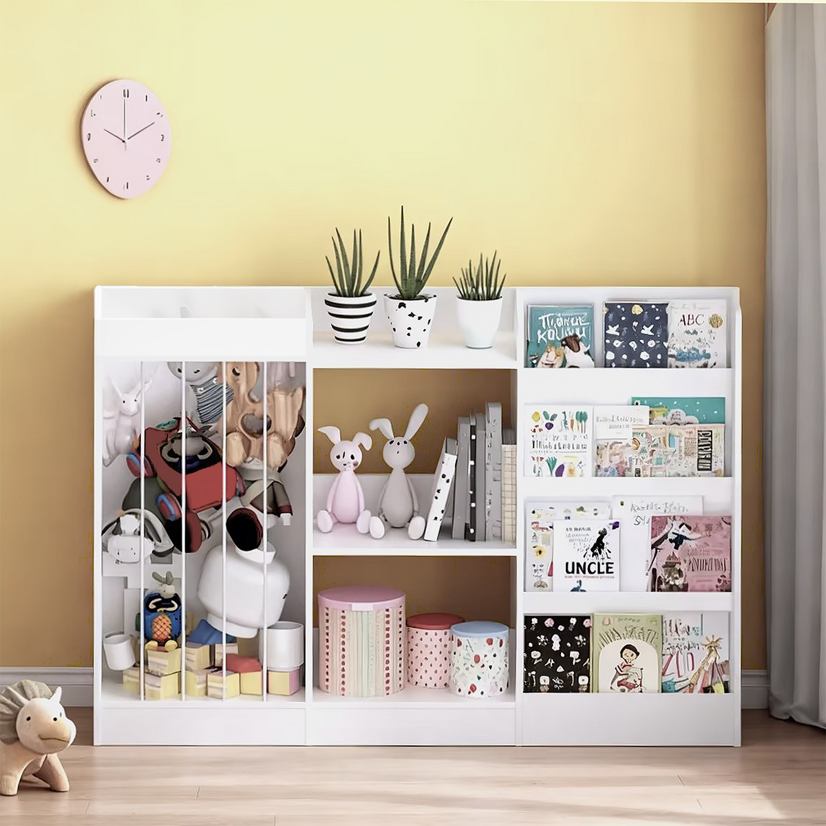 Kids Bookshelf and Toy Storage, 3-Tier Book Shelf, Sling Baby Bookcase with Stuffed Animal Storage, Toddler Montessori Bookshelf