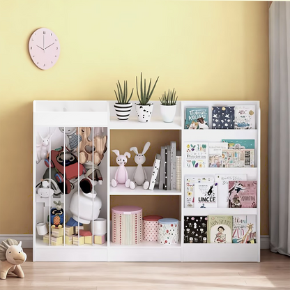 Kids Bookshelf and Toy Storage, 3-Tier Book Shelf, Sling Baby Bookcase with Stuffed Animal Storage, Toddler Montessori Bookshelf