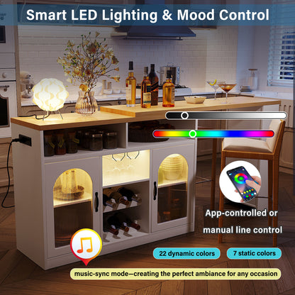 U_STYLE Sideboard with Extendable Tabletop and Wine Rack, Counter Height Bar Table with Color LED Lighting and Left-side Power Outlet, Mobile Farmhouse Wine Cabinet Cart on Wheels (Chairs Not Included