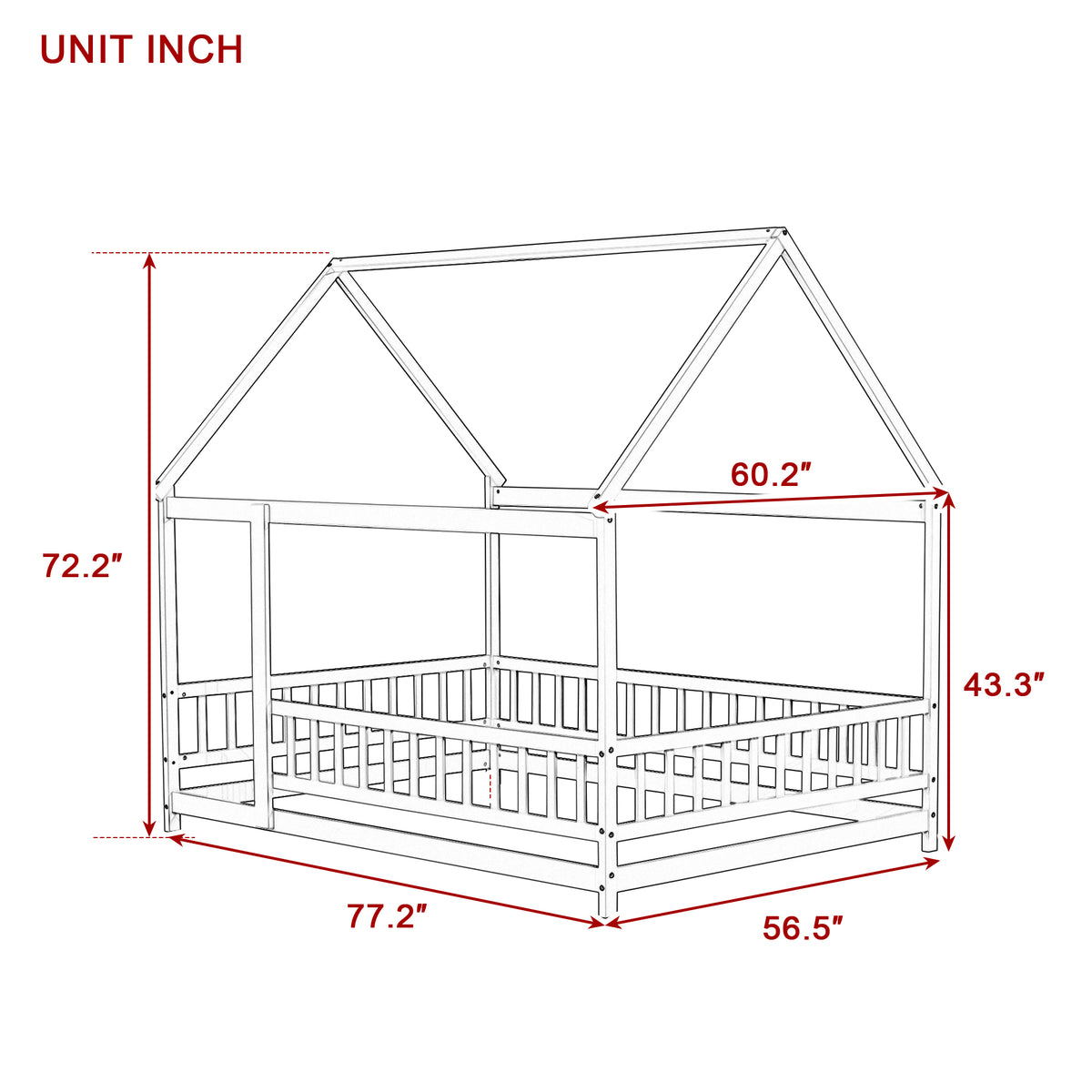 Full Size House Floor Wooden Bed with Roof Frame, Safety Guardrails,Whtie