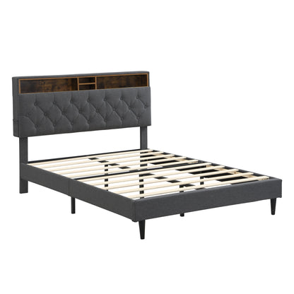 Modern Upholstered King-Size Platform Bed Frame with Button-Tufted Linen Headboard and USB Ports, Dark Grey