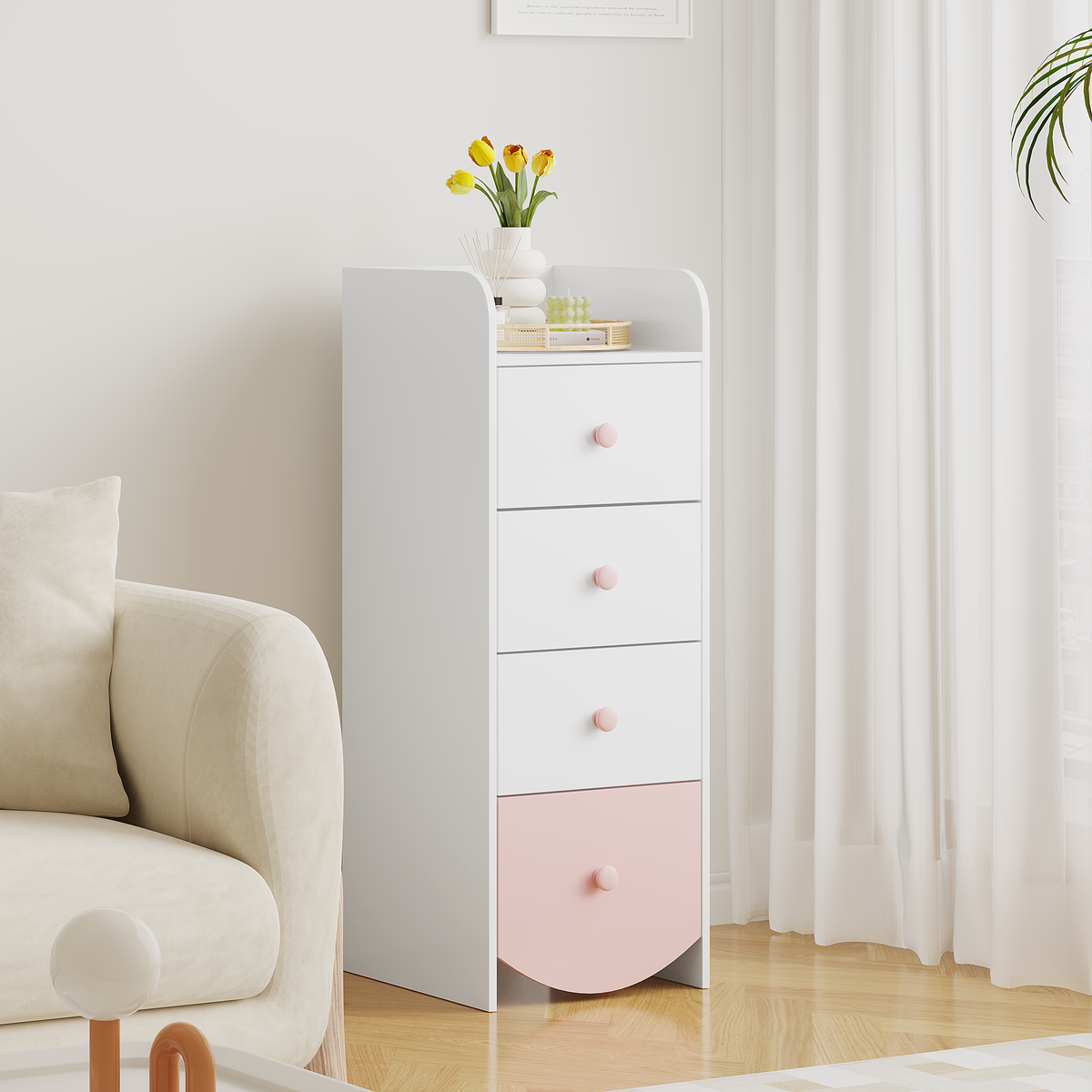 Kids Dresser with 4 Drawers, Narrow Storage Cabinet for Kids Room, MDF Chest of Drawers with Round Bottom Design, Nursery Bedroom Organizer, White
