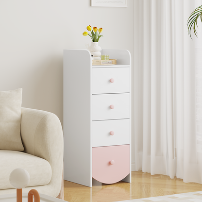 Kids Dresser with 4 Drawers, Narrow Storage Cabinet for Kids Room, MDF Chest of Drawers with Round Bottom Design, Nursery Bedroom Organizer, White
