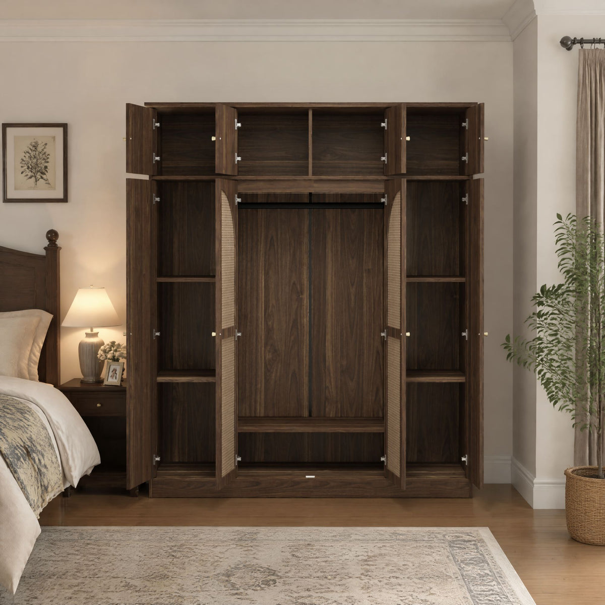 70.87"Tall 8-Door Large Capacity Armoire Wardrobe Closet with Hanging Rod, Adjustable Shelves and Rattan Decorative Doors, Clothing Storage Cabinet for Bedroom, walk-in closet, Living Room, Walnut