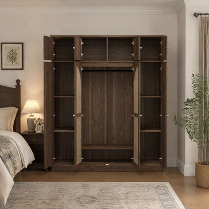 70.87"Tall 8-Door Large Capacity Armoire Wardrobe Closet with Hanging Rod, Adjustable Shelves and Rattan Decorative Doors, Clothing Storage Cabinet for Bedroom, walk-in closet, Living Room, Walnut