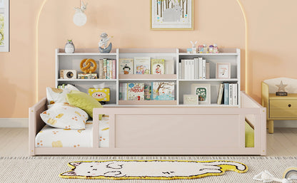Full Size Wooden Platform Floor Bed with Guardrail Fence and Convenient Side Storage Shelves, Space-Saving Kids Bed Frame,Nude and White