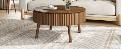 Modern Round Lift-Top Coffee Table with Half Flip-Top & Hidden Storage, Solid Wood Mid-Century Coffee Table with Fluted Design, 30.3' Walnut Space-Saving Center Table for Living Room