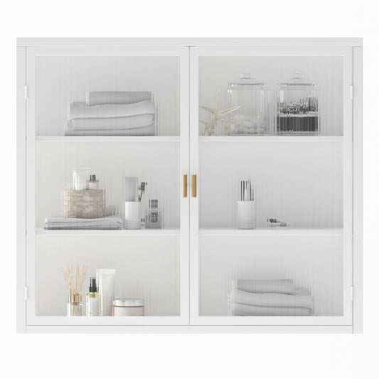 27.56"Glass Doors Modern Two-door Wall Cabinet with Featuring Three-tier Storage for Entryway Living Room Bathroom Dining Room,White(same sku:W757119328)