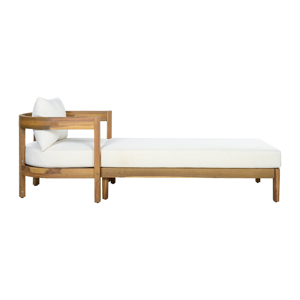 78" Acacia Wood Outdoor Chaise Lounge Chair with Curved Frame, Weather Resistant Patio Reclining Daybed with Thick Removable Cream Cushion, Single Arm Outdoor Lounger for Poolside, Backyard & Garden