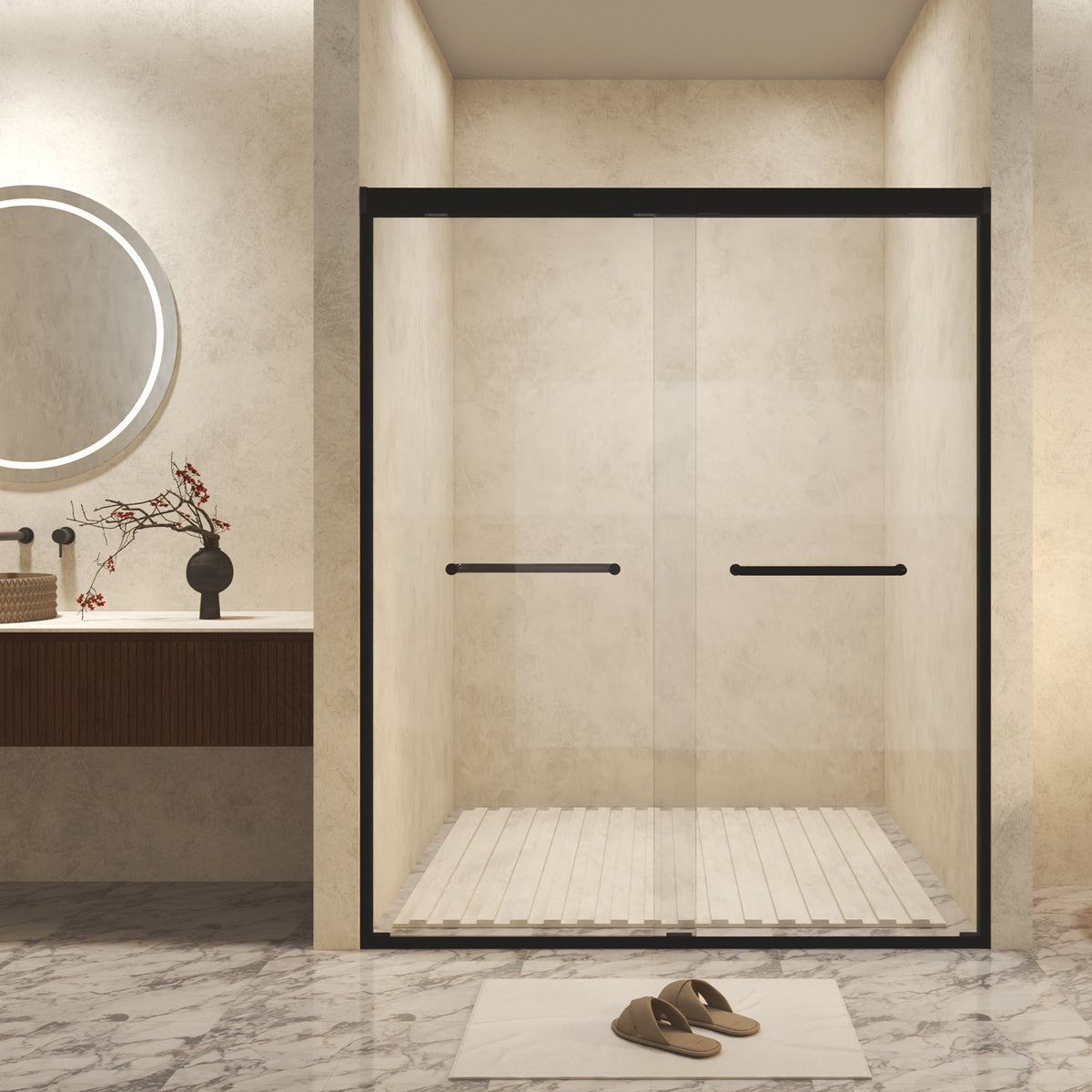 Modern Matte Black Aluminum Frame Double Sliding Shower Door, 50-54' W × 72' H, 6mm Tempered Glass with Explosion Proof Film, Stainless Steel Handle
