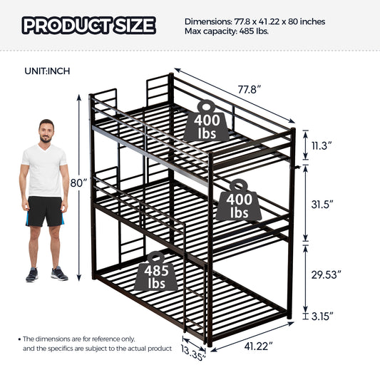 Metal Triple Bunk Bed Twin over Twin over Twin, Heavy Duty 3-in-1 Convertible Metal Bunk Bed Frame with Ladders, Guardrails & Anti-Tip Kit, Space-Saving Bed for Kids, Teens, Adults, No Box Spring Need