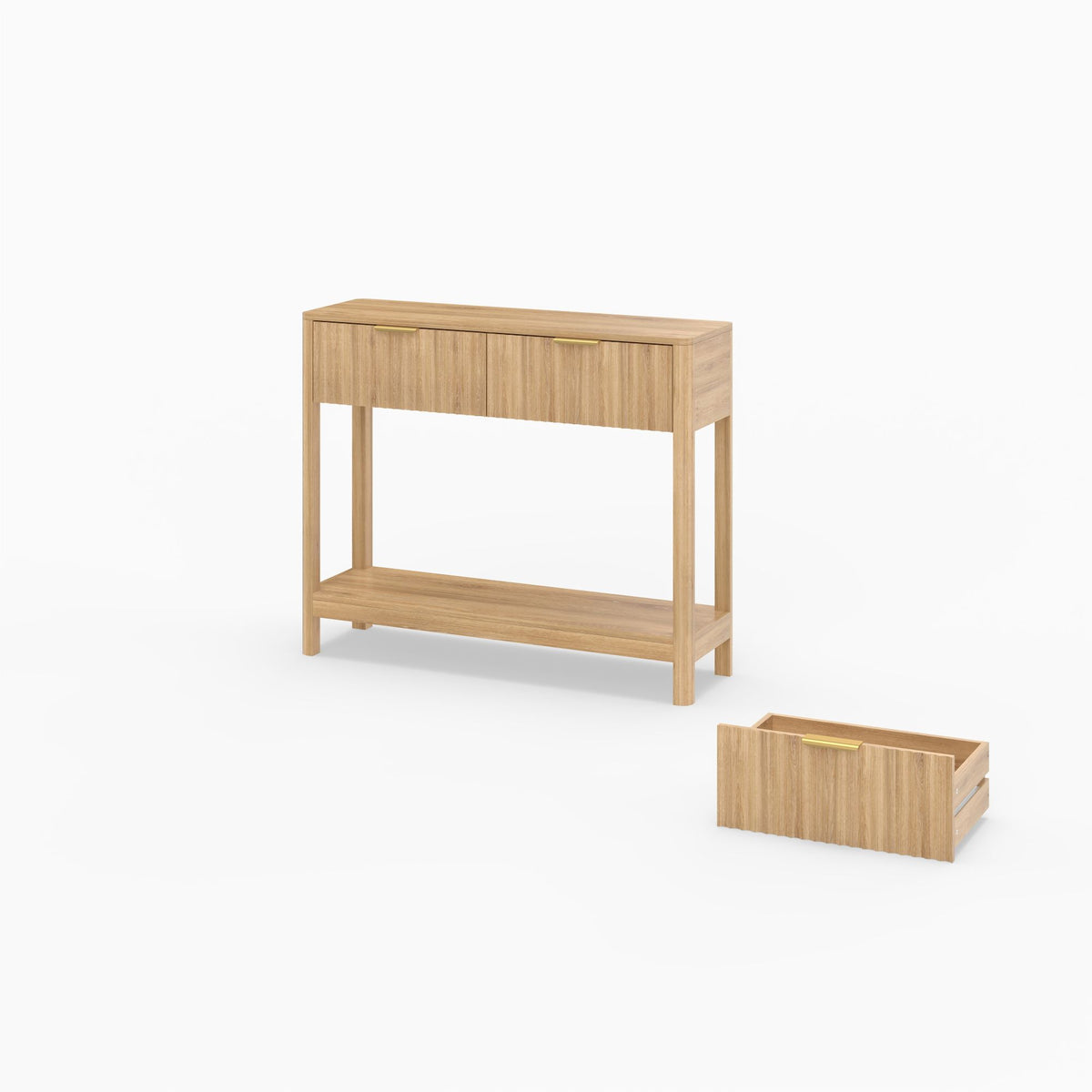 Mid-Century Modern Fluted Console Table with 2 Drawers & Open Shelf, Oak Finish Narrow Entryway Table, Slim Sofa Table for Hallway, Living Room, Small Spaces, Easy Assembly