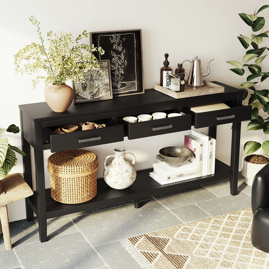 U_STYLE 59.1'' Farmhouse Entryway Table with 3 Drawers, Painted Console Table with Bottom Shelf & Iron Handles, Minimalist Sofa Table – Black