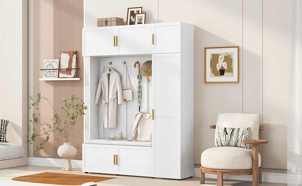 U-Can American Style 4-in-1 Hall Tree with Padded Bench, 4 Hooks, and Multi-Tier Storage Shelves – White