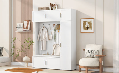 U-Can American Style 4-in-1 Hall Tree with Padded Bench, 4 Hooks, and Multi-Tier Storage Shelves – White