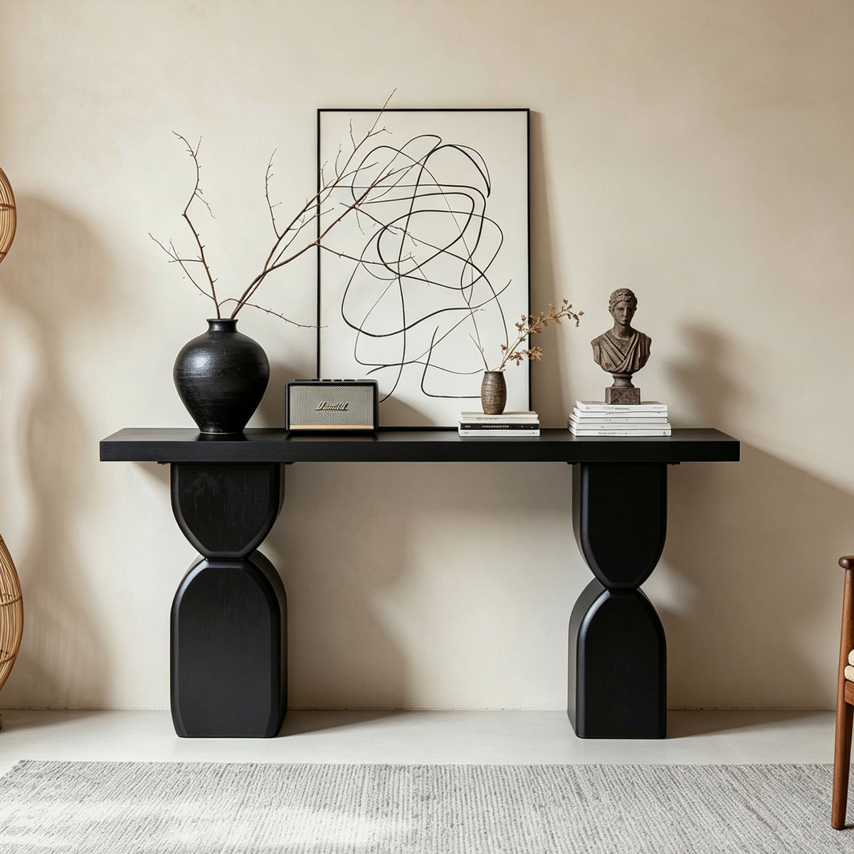 47.24' Black Console Table , Irregular-Shaped Entryway Table with Wood Veneer Finish, Minimalist Modern Sofa Table for Living Room, Hallway and Entryway
