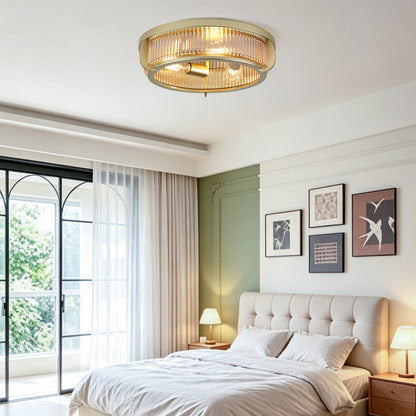 16.14" Flush Mount Ceiling Light, Gold Metal Frame with Ribbed Glass Shade, 3xE26 Socket, Max 60W, Bulbs Not Included