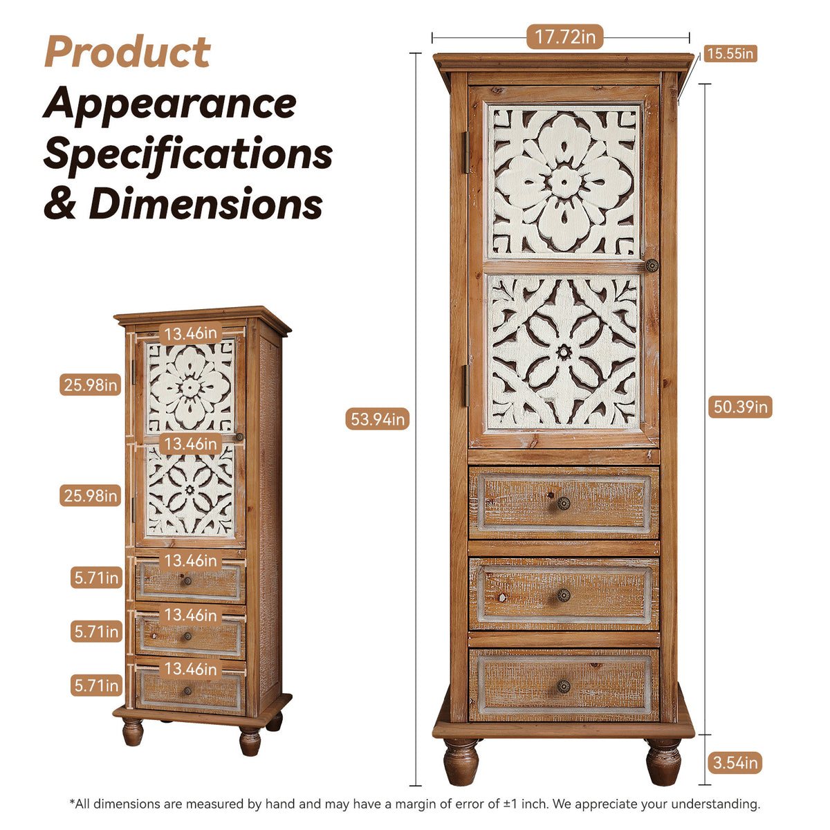 Rustic Wooden Storage Cabinet with Decorative Cutout Door & 3 Drawers, Tall Narrow Organizer for Living Room, Bedroom